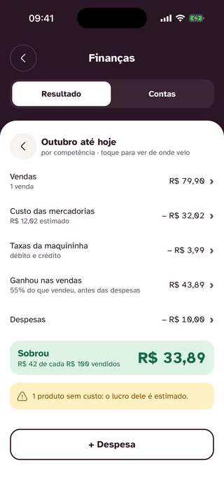 Tela Finanças do Ajeita: vendas, custo das mercadorias, taxas, despesas e quanto sobrou no mês
