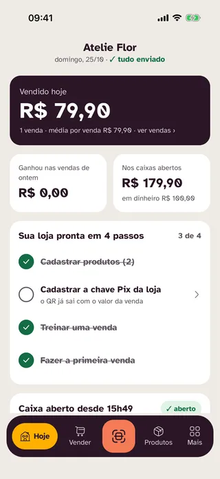 Tela Hoje do Ajeita: vendido hoje e dinheiro nos caixas abertos